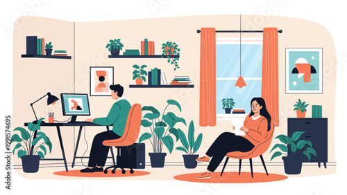 Couple working from home together in a comfortable living room filled with many green potted plants and natural sunlight.