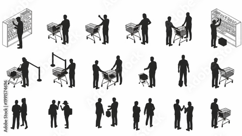 Top View Grocery Store Shopping Workflow Vector with Rear View Human Silhouettes and Retail Activity Layout on White Background