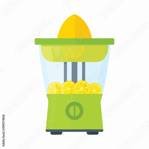 A green manual juicer extracts juice from lemons on a kitchen countertop.