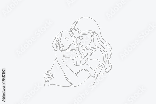 A woman hugging a dog in a continuous line drawing style