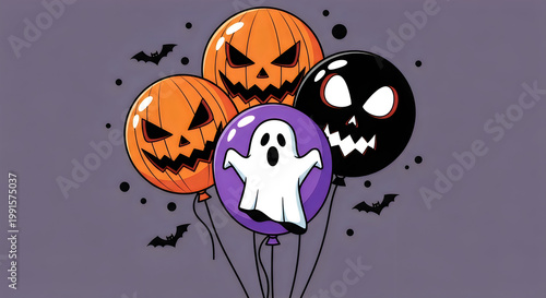 Halloween-Themed Balloons with Jack-O'-Lantern, Ghost, and Skeleton Faces illustration