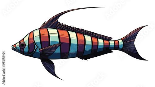 Vibrant tropical fish with distinctive orange, black, and white vertical stripes and long delicate fins shown swimming against a white background.