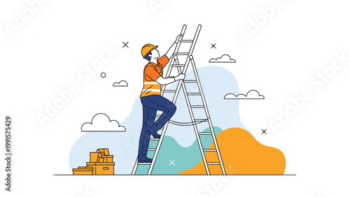 Construction worker wearing a safety helmet and orange vest climbing a tall metal ladder against a backdrop of clouds and abstract shapes.
