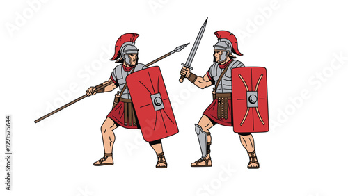 Brave roman soldiers in traditional armor equipped with spears swords and red shields ready for battle.