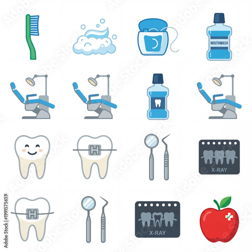 Dental Care Icons Collection Representing Oral Hygiene and Dentistry.