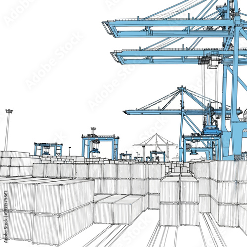 A daytime illustration of stacked shipping containers at a port with cranes