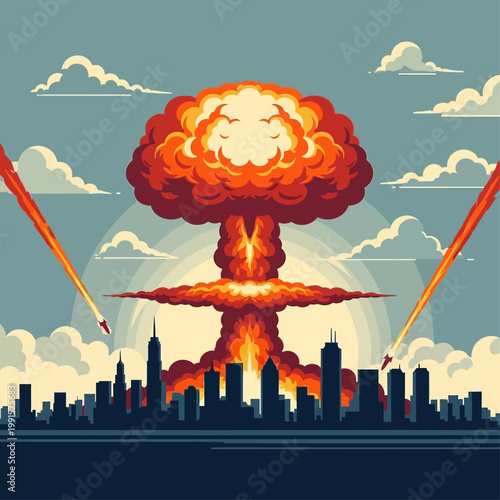Nuclear explosion occurs over cityscape with missiles and cb1a1836-aeb6-4abe-8f4c-9714149f5982 destruction