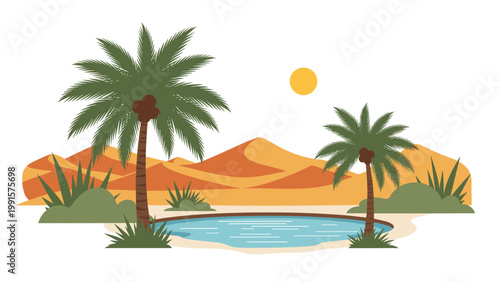 Peaceful desert oasis with lush green palm trees surrounding a clear blue water pond amidst sand dunes and sun.