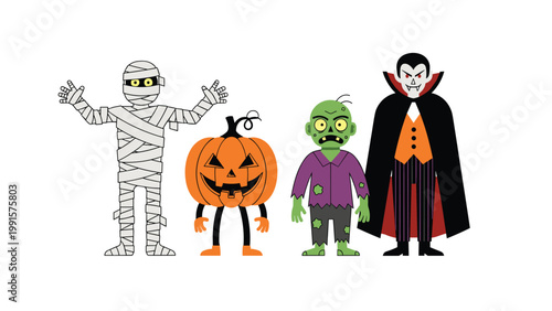 Set of classic halloween monsters including a mummy a jack-o-lantern a green zombie and a sharp vampire.
