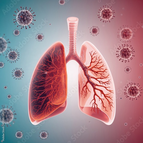 Conceptual image of lungs affected by airborne viruses with microscopic pathogens floating around, highlighting respiratory illness, infection risk and medical awareness