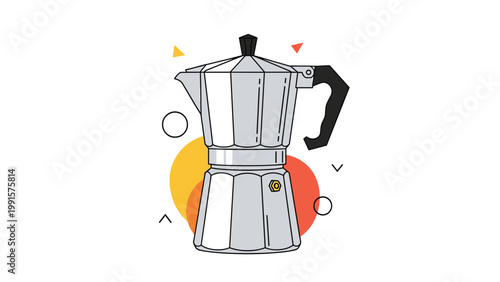 Traditional silver moka pot coffee maker on a white background with colorful abstract circles and shapes.