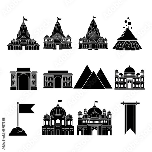Monuments and flags are shown in various architectural styles and shapes.