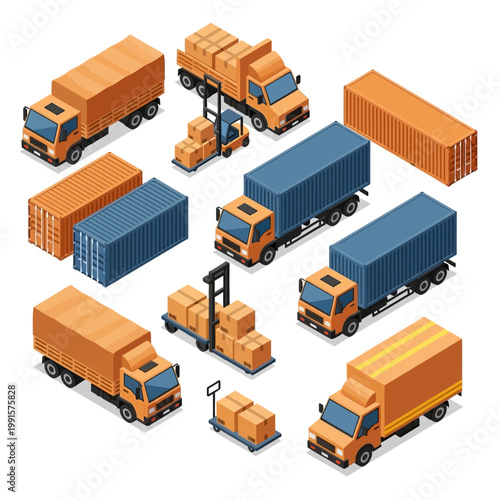 Logistics scene with trucks and containers being loaded at warehouse