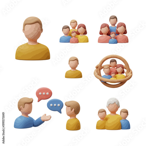 Illustration of people icons interacting, communicating, and gathered in various social settings and emotions.