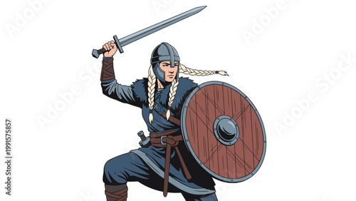 Brave viking woman warrior wearing armor and holding a sharp sword and a large wooden shield in a battle pose.