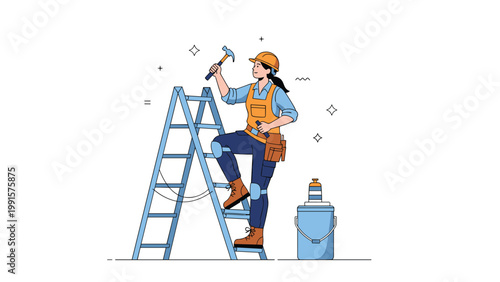 Female construction worker in safety gear and a hard hat climbs a blue ladder while holding a hammer to perform home improvement tasks.