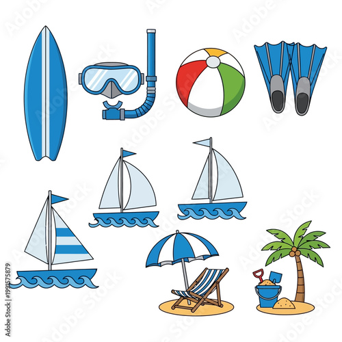 A beach scene with a surfboard, snorkeling gear, beach ball, flippers, sailboats, palm tree, and beach chair.