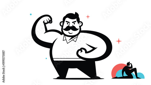 Strong muscular man with a large mustache flexes his biceps in a bold black and white comic book style illustration representing power.