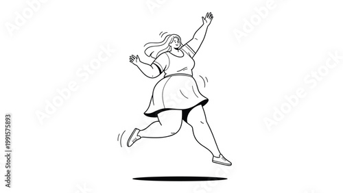 Joyful curvy woman jumps with arms raised in a minimalist line art style that captures a sense of freedom, happiness, and body positivity.