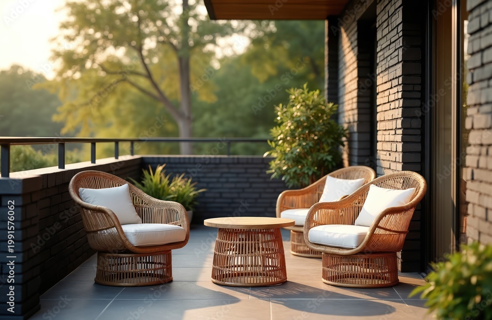 Naklejka premium Wicker chairs and table set on modern balcony with trees background. Outdoor furniture with white cushions invites relaxation in sunlit space. Contemporary home exterior with brick wall.