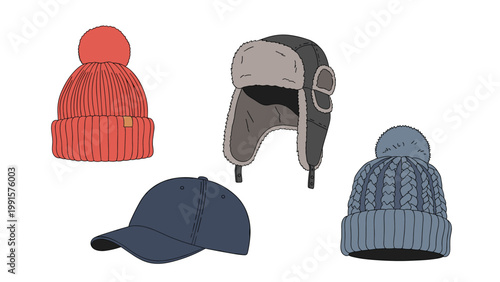 Set of four different types of hats including a red beanie, a fur-lined trapper hat, a blue baseball cap, and a knitted pom-pom hat.