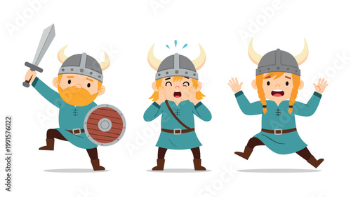 Cartoon illustrations of three viking characters wearing horned helmets and blue tunics shown in various funny and brave warrior poses.