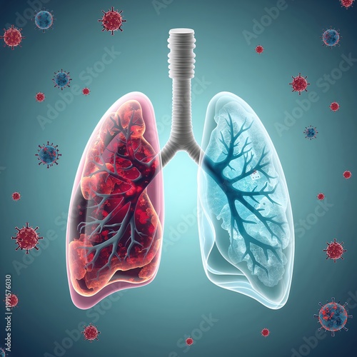 Medical 3D Illustration Of Human Lungs Showing Healthy And Diseased Comparison With Virus Particles And Bronchial Tree On Blue Background
