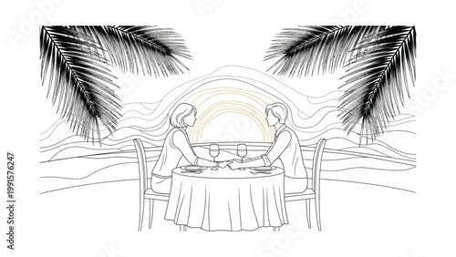 Couple on romantic beach vacation dining.