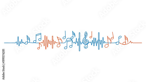 Abstract musical heartbeat line art with colorful notes.
