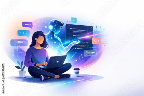 A woman learning coding in an educational setting with digital elements, Vibe coding concept