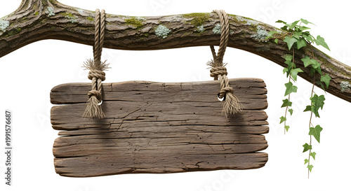 Rustic Wooden Sign Hanging from Tree Branch with Ivy Decoration illustration