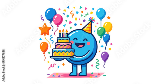 Smiling blue character with birthday cake.