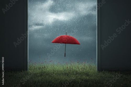A vibrant red umbrella stands solitary in a field of poppies, framed by an open doorway and a dramatic rain-filled sky, creating a surreal and evocative scene.