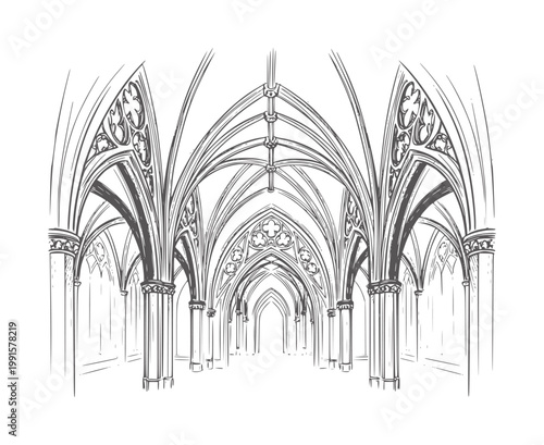 Bild auf Leinwand Black and white Gothic cathedral vaulted ceiling interior architectural architec