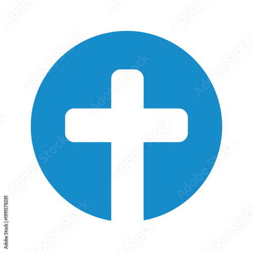 A simple white cross symbol inside a blue circle, a religious and spiritual concept