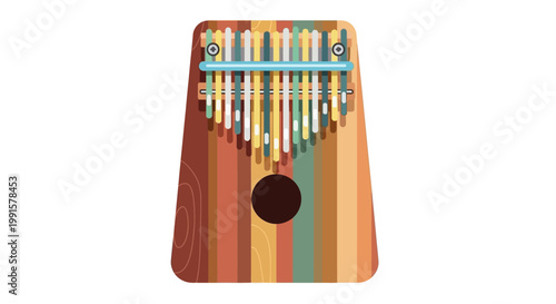 A colorful wooden kalimba musical instrument isolated on a white background.