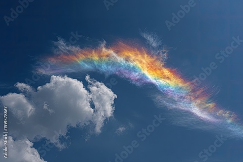 A vibrant and ethereal rainbow-colored cloud formation stretches across a deep blue sky, contrasting with fluffy white clouds below.