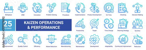 Kaizen icon set featuring operations,efficiency,quality control,problem solving,and continuous improvement.Ideal for manufacturing,workflow optimization,and business process management projects.