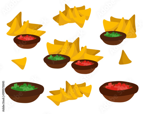 Vector illustration set of Mexican nachos corn chips with bowls of tomato salsa and green guacamole