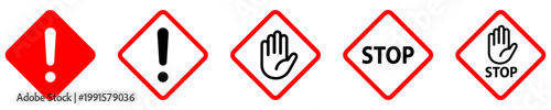 Set of black diamond-shaped icons with exclamation marks and empty frames. Vector symbols for warning, attention, or caution with different stroke weights
