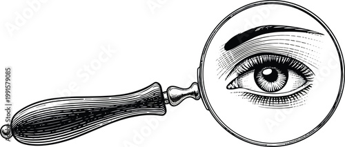 A magnifying glass focuses on a detailed eye