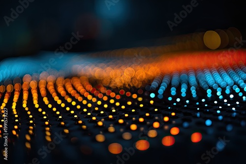 A captivating abstract image showcases a dynamic wave of blurred orange and blue lights against a dark background, creating a mesmerizing visual effect.