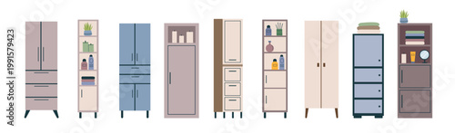 Bathroom storage cabinets and shelves collection. Vector cliparts in flat style isolated on white background.