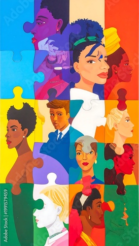Diversity And Unity Concept Illustration Of Diverse Women Portraits In A Colorful Jigsaw Puzzle Format Representing Inclusion And Global Community