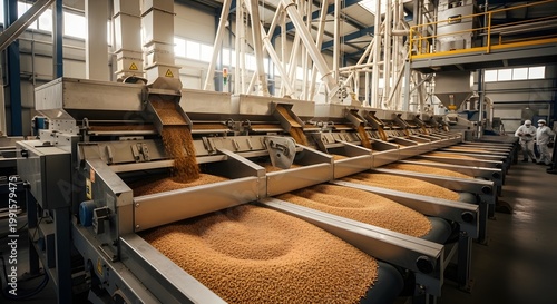 Automated machinery pouring grain onto conveyor belts in modern plant