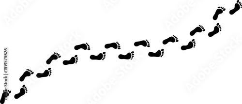 Human barefoot footprint trail tracking path going upwards black silhouette vector design isolated background symbol illustration