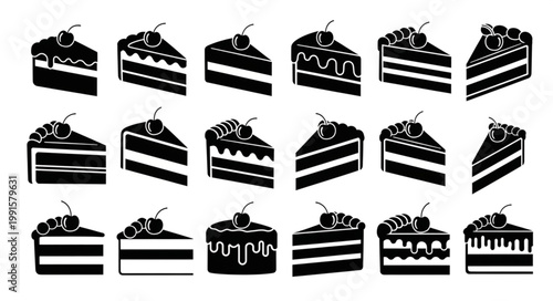 Collection of Black and White Cake Slices with Cherries.