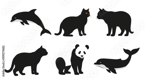 Collection of Animal Silhouettes Including Cats Dolphins Panda.