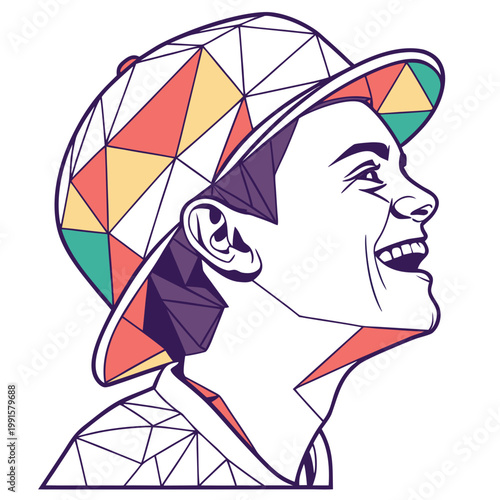 Low poly smiling man in hat vector illustration.