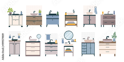 Bathroom vanity cabinets and sink furniture set. Vector flat cliparts.